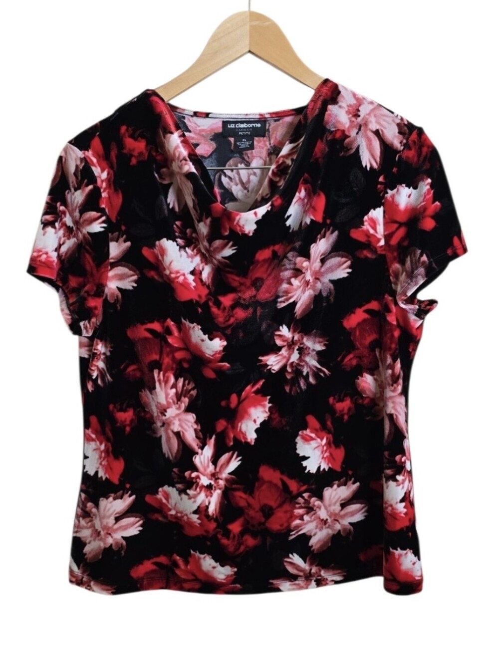 Liz Claiborne Career Black & Red Floral Velvet Business Casual Blouse. Large P